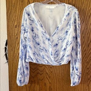 ASTR Blue and White Tie-Dye Wrap Blouse